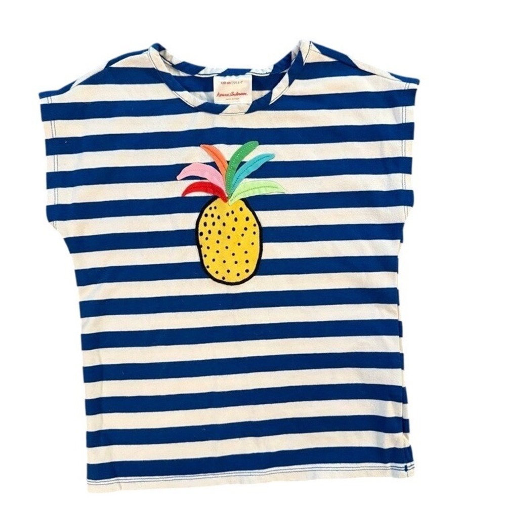 Hanna Andersson Blue Stripe Pineapple Applique Top coverup shirt Sz 120 vacation